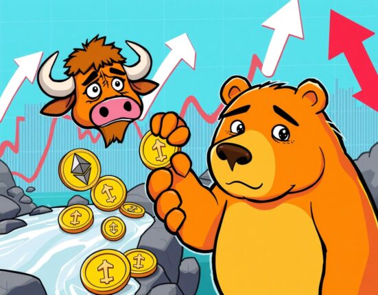 A vibrant cartoon illustrating the surprising net outflow from US spot ETH ETFs, with money flowing out of a fund.