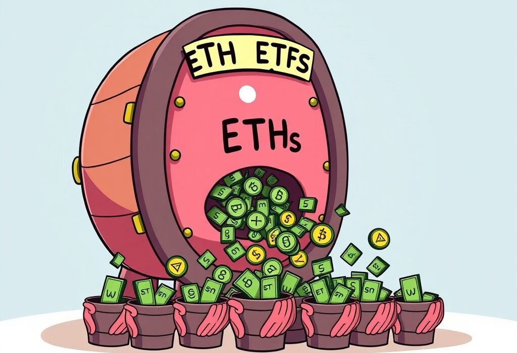 A cartoon illustration showing significant outflows from U.S. spot ETH ETFs, symbolizing large withdrawals from investment funds.