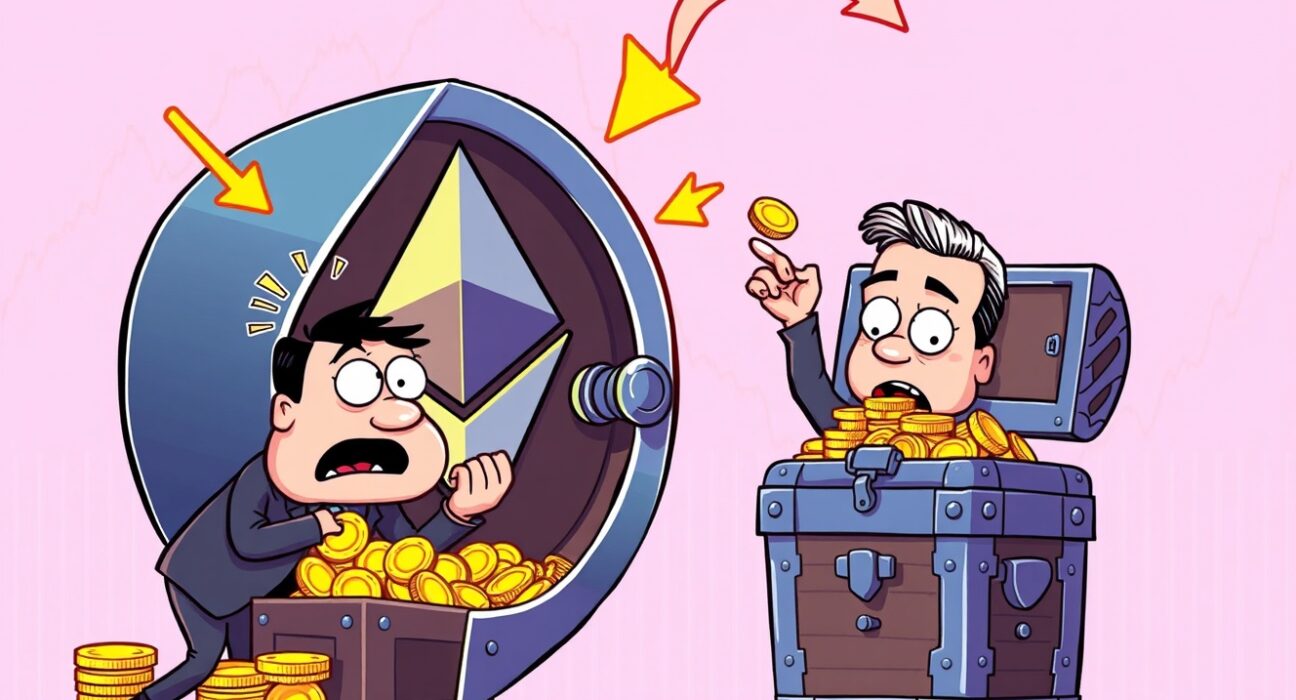 Cartoon illustration of money flowing out of US spot ETH ETFs, showing investor sentiment shift.