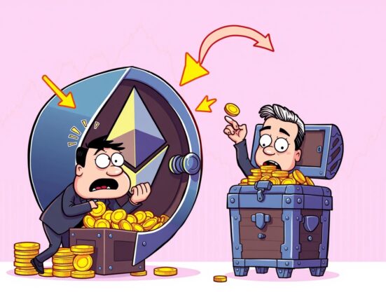 A cartoon illustration showing significant outflows from U.S. spot ETH ETFs, symbolizing large withdrawals from investment funds.