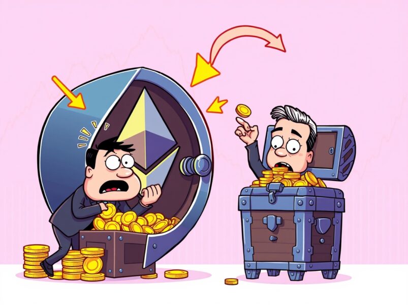 Cartoon illustration of money flowing out of US spot ETH ETFs, showing investor sentiment shift.