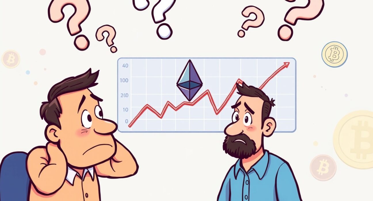 US spot ETH ETFs showing zero investor inflows in cartoon cryptocurrency market scene