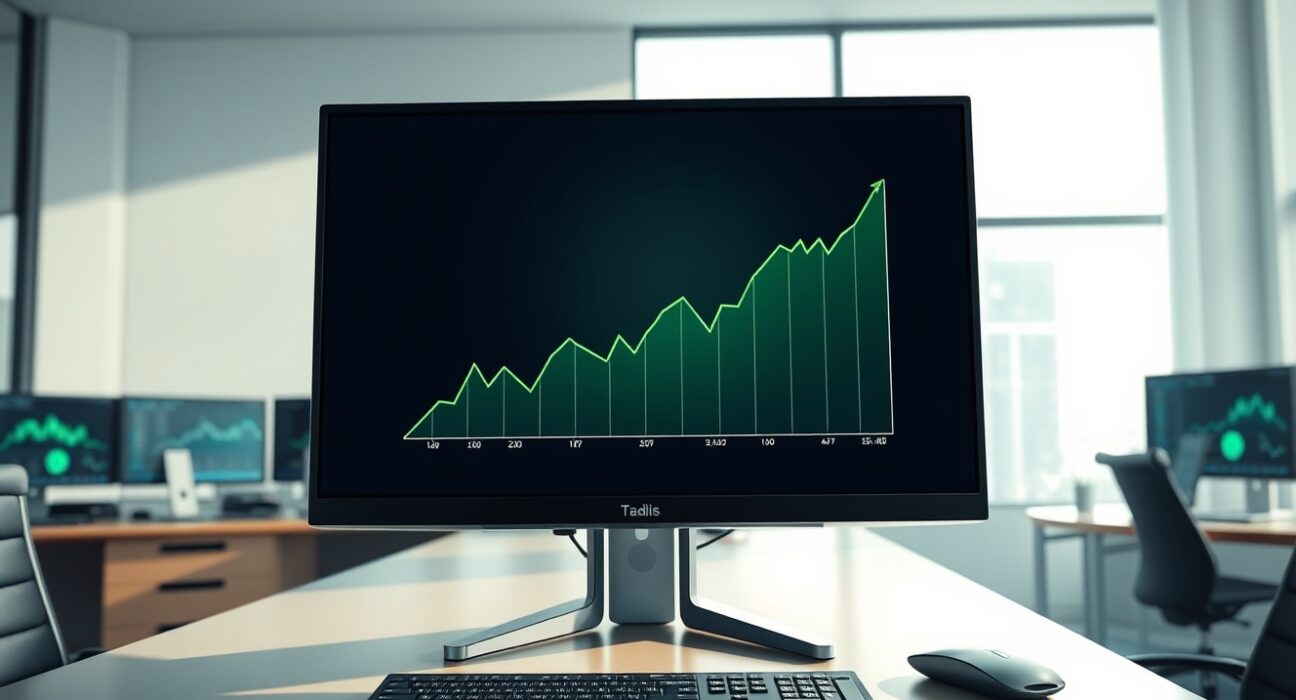 Professional trading desk monitor showing rising Ethereum ETF inflow data graph.