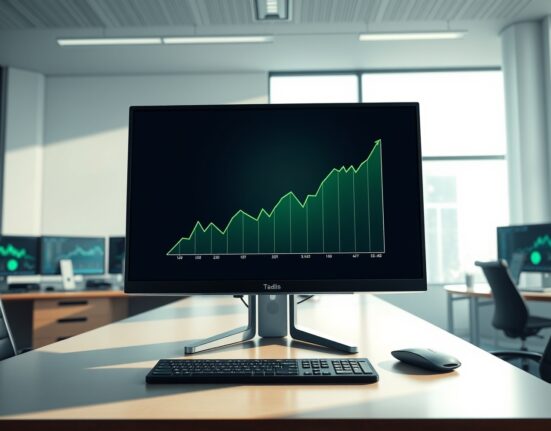 Professional trading desk monitor showing rising Ethereum ETF inflow data graph.