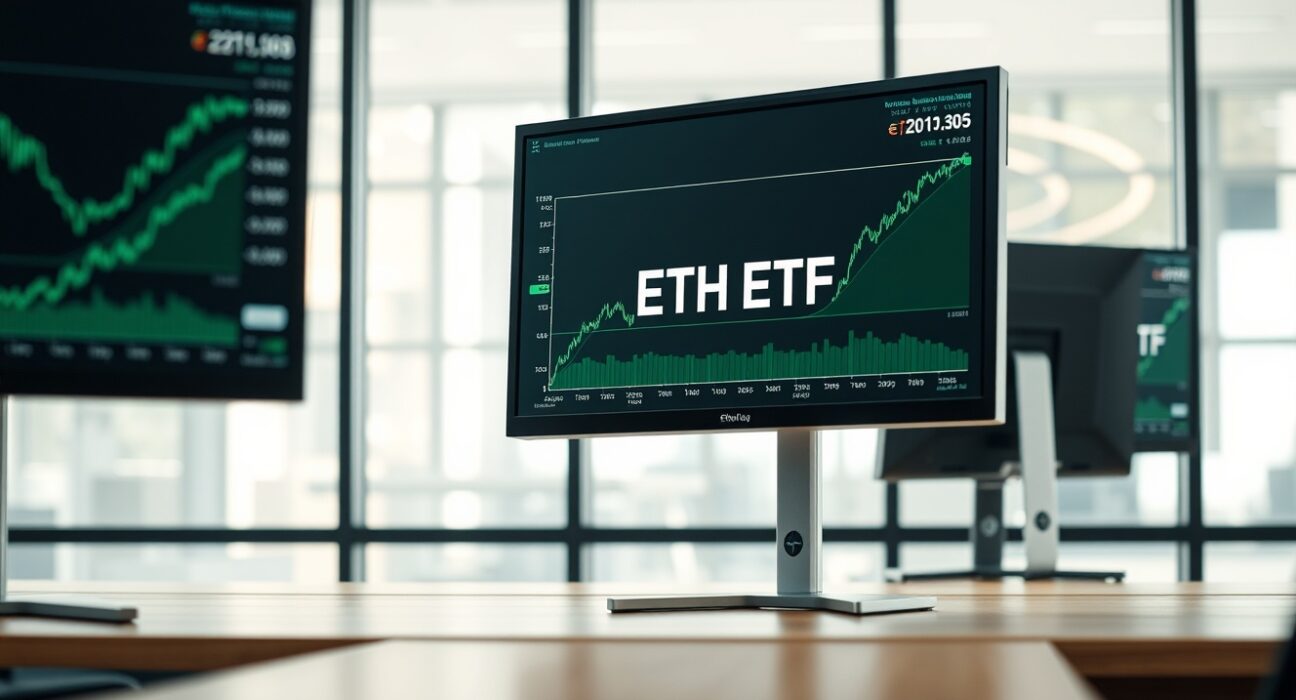 Professional trading desk monitors showing Ethereum price charts and ETF data with green upward trends