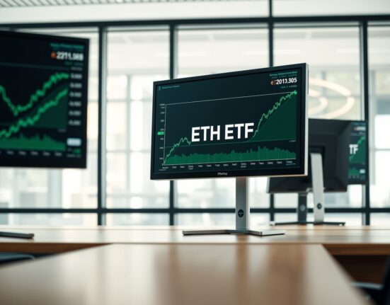 Professional trading desk monitors showing Ethereum price charts and ETF data with green upward trends