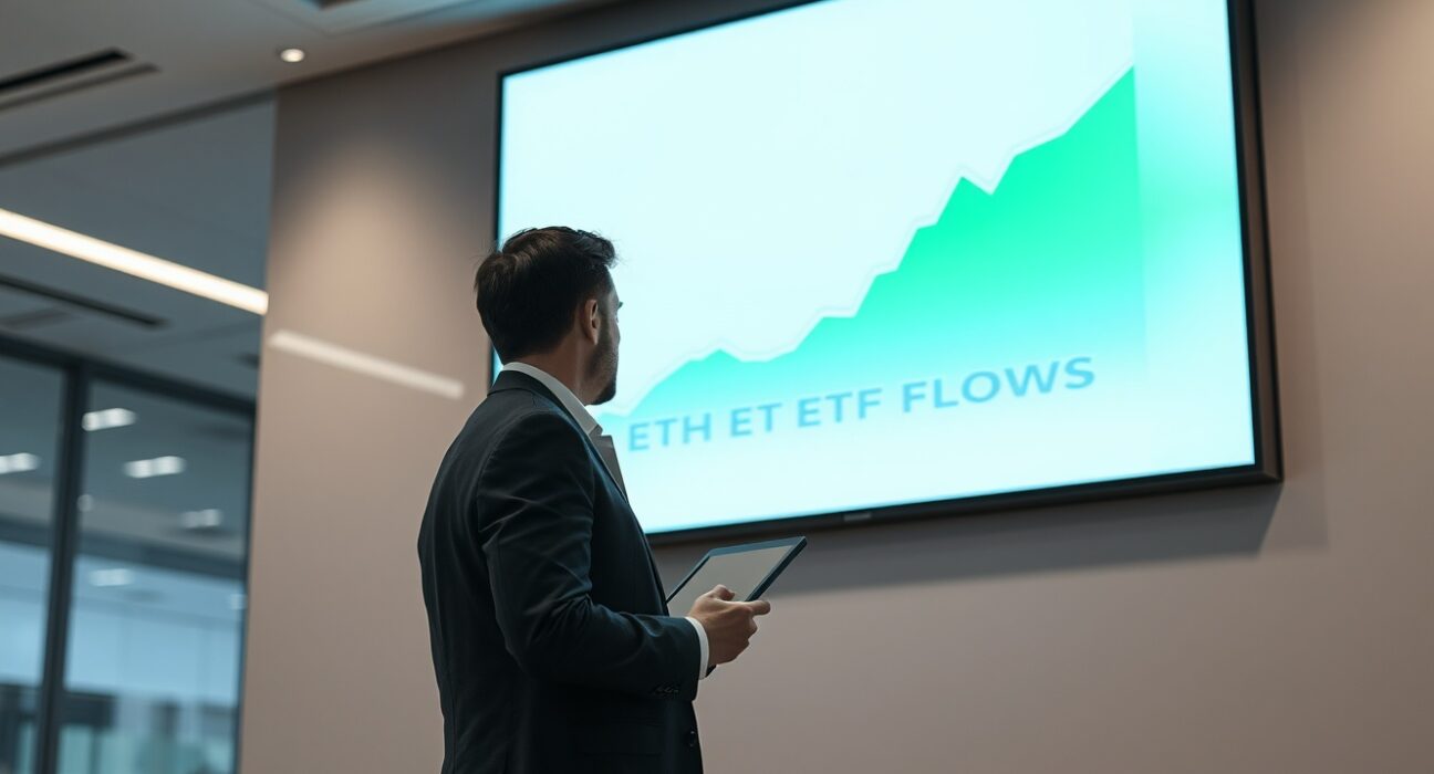 Professional trader observing a digital display showing positive Ethereum ETF flow data on a trading floor