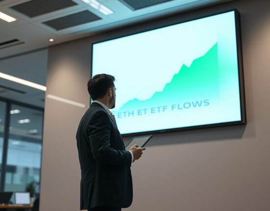 Professional trader observing a digital display showing positive Ethereum ETF flow data on a trading floor