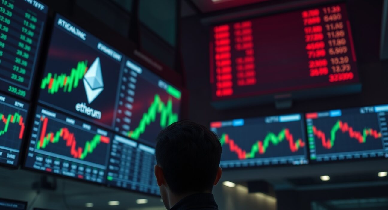Trading floor with Ethereum price charts and ETF data on digital screens