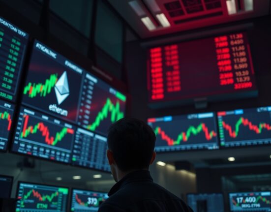 Trading floor with Ethereum price charts and ETF data on digital screens