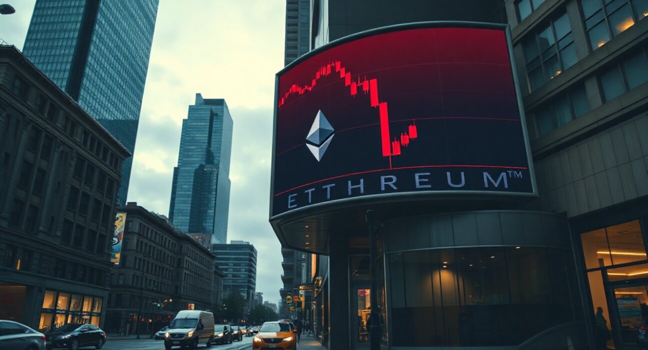 Ethereum price chart showing decline on digital billboard in financial district at dusk.