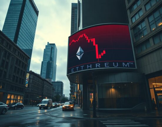 Ethereum price chart showing decline on digital billboard in financial district at dusk.
