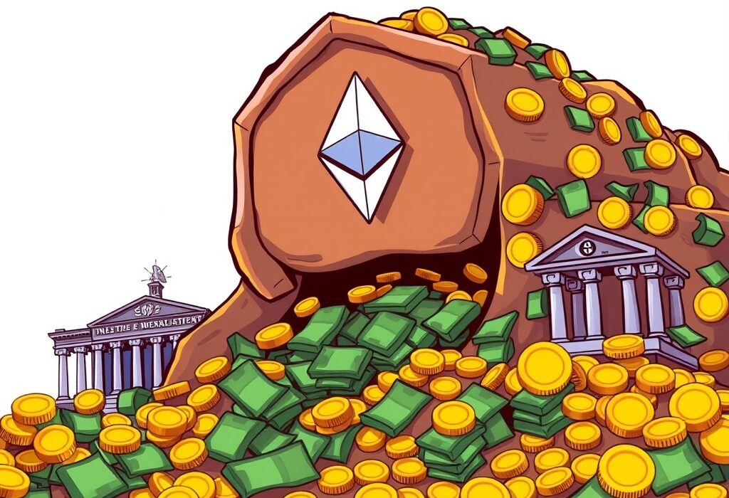 Cartoon illustration showing significant capital flowing into U.S. Spot Ethereum ETFs, symbolizing strong investment growth.