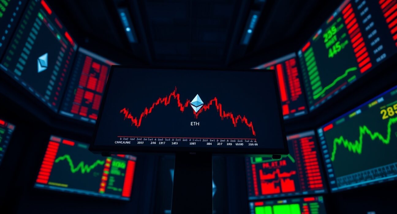 Ethereum price chart showing a downward trend on a trading floor monitor