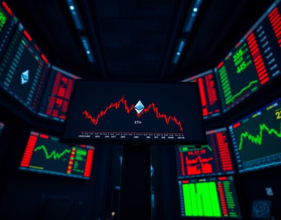 Ethereum price chart showing a downward trend on a trading floor monitor