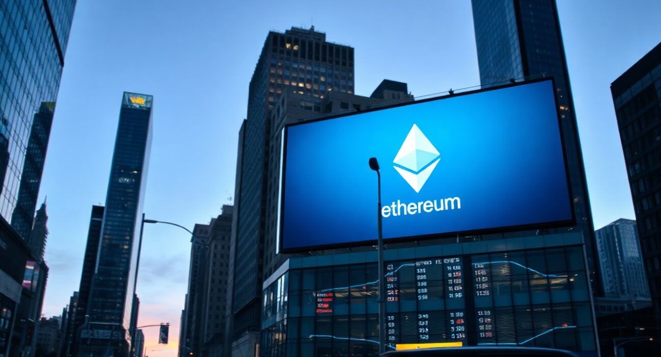 Digital billboard displaying Ethereum symbol in a financial district at dusk, representing ETF market activity.