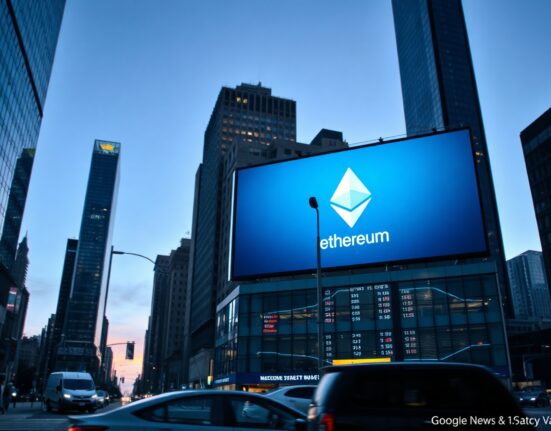 Digital billboard displaying Ethereum symbol in a financial district at dusk, representing ETF market activity.