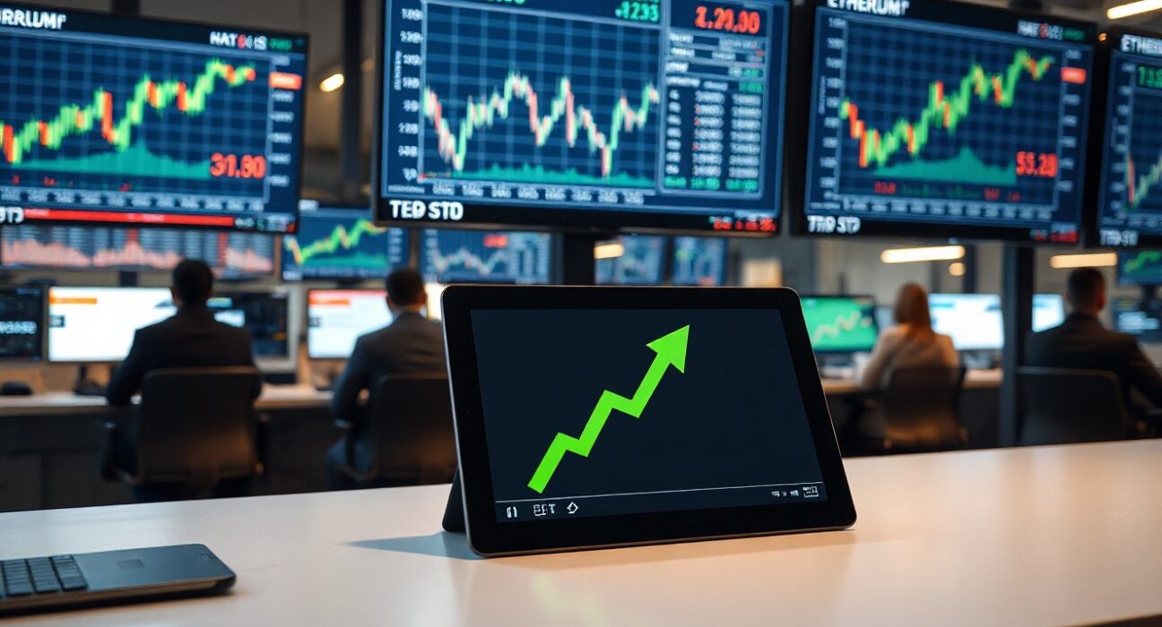 Professional trading desk with monitors showing positive Ethereum ETF flow data