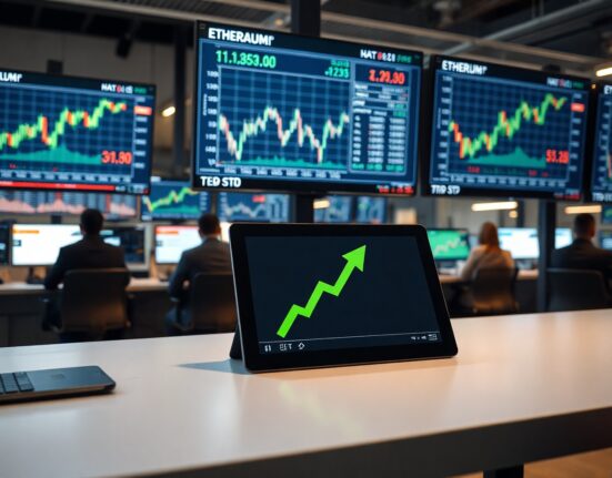 Professional trading desk with monitors showing positive Ethereum ETF flow data