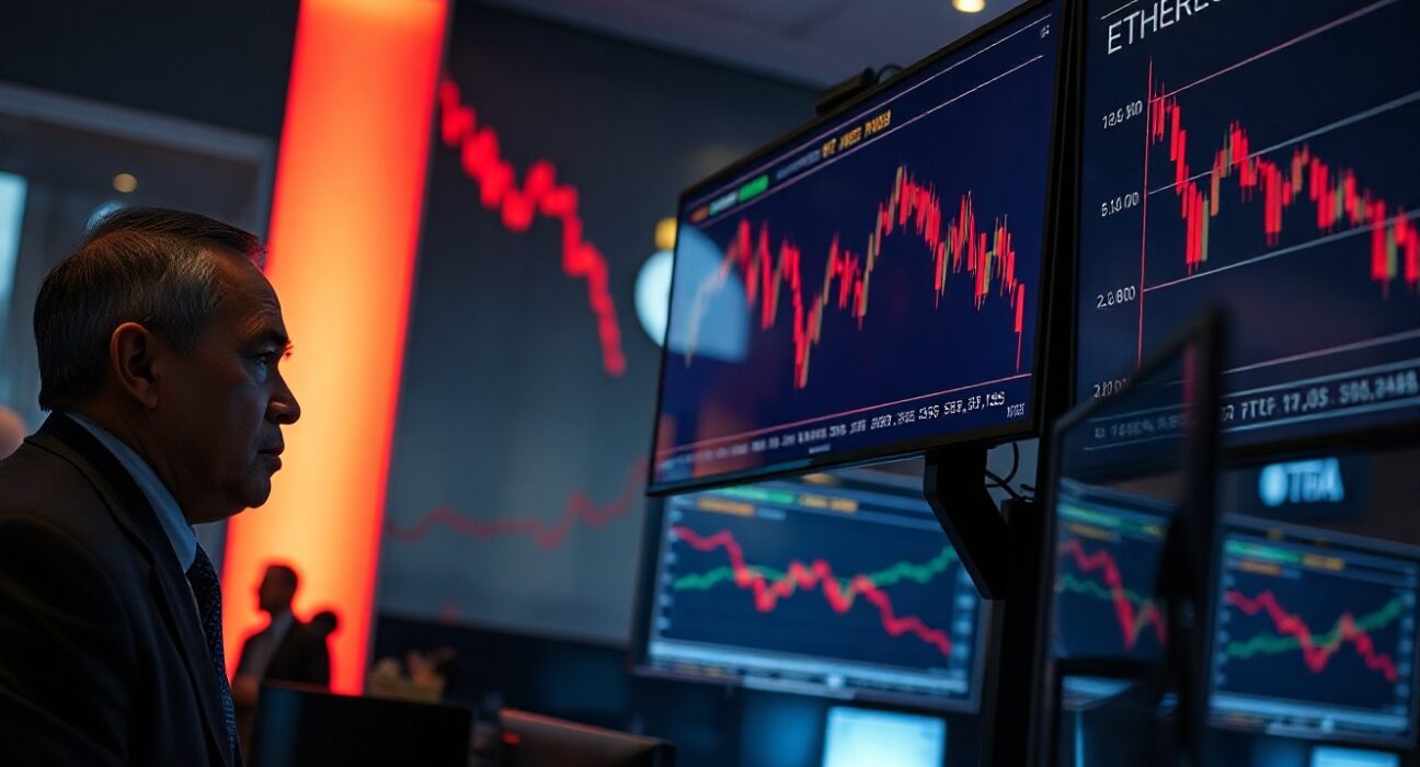 Trader observing red Ethereum charts on screens during sustained ETF outflows