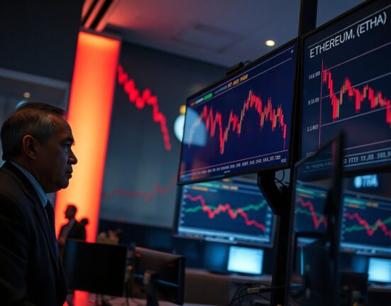 Trader observing red Ethereum charts on screens during sustained ETF outflows