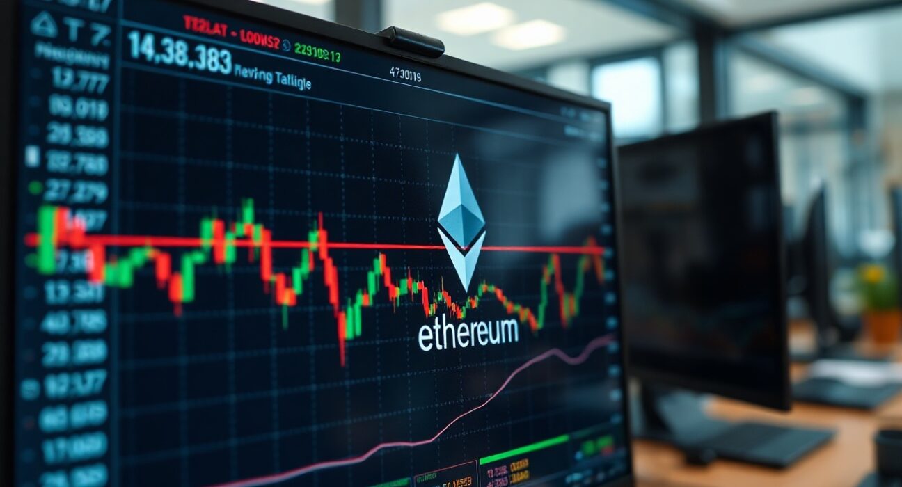 Ethereum price chart on a financial trading screen in a modern office setting