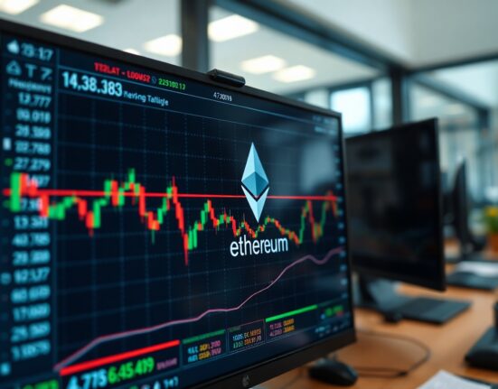 Ethereum price chart on a financial trading screen in a modern office setting