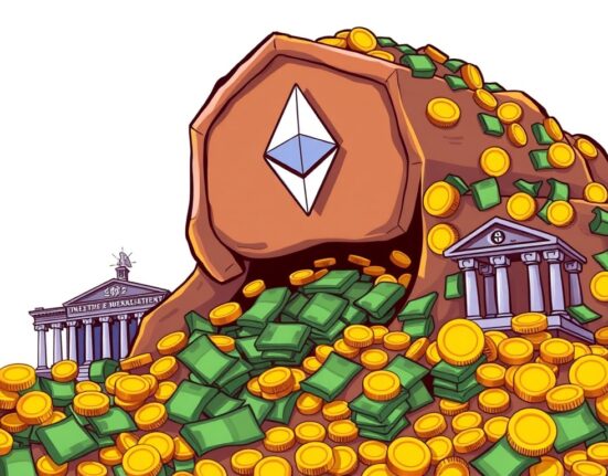 Cartoon illustration showing significant capital flowing into U.S. Spot Ethereum ETFs, symbolizing strong investment growth.