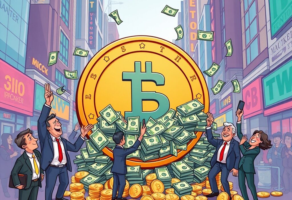 A cartoon illustration symbolizing massive US spot Ethereum ETFs inflows, highlighting growing institutional crypto investment in the digital asset market.