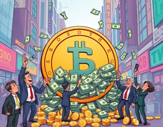 A cartoon image illustrating significant U.S. spot Ethereum ETFs inflows, showing money entering an Ethereum symbol, indicating strong investment.