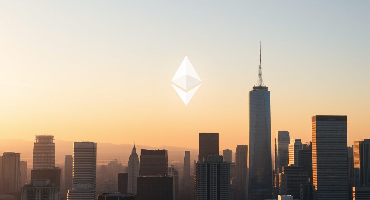 Ethereum symbol over a city skyline at sunset, representing growing institutional interest in spot Ethereum ETFs.
