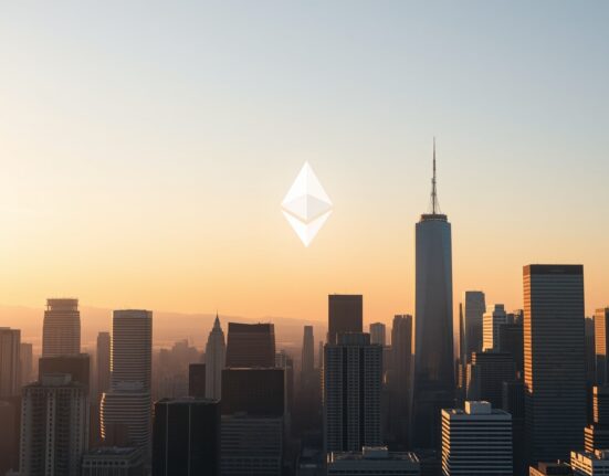 Ethereum symbol over a city skyline at sunset, representing growing institutional interest in spot Ethereum ETFs.