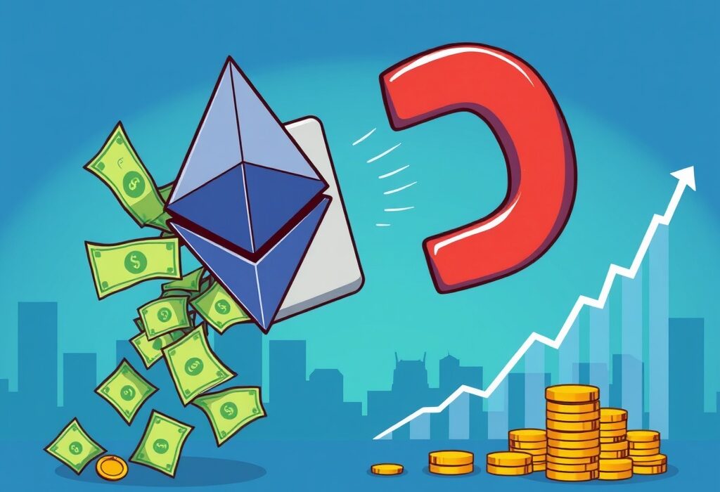 Cartoon illustration showing significant financial inflows into Spot Ethereum ETFs, symbolizing growing investment in digital assets.