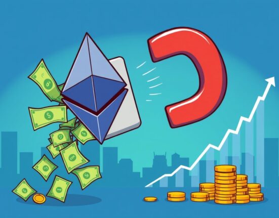 Cartoon illustration showing significant financial inflows into Spot Ethereum ETFs, symbolizing growing investment in digital assets.