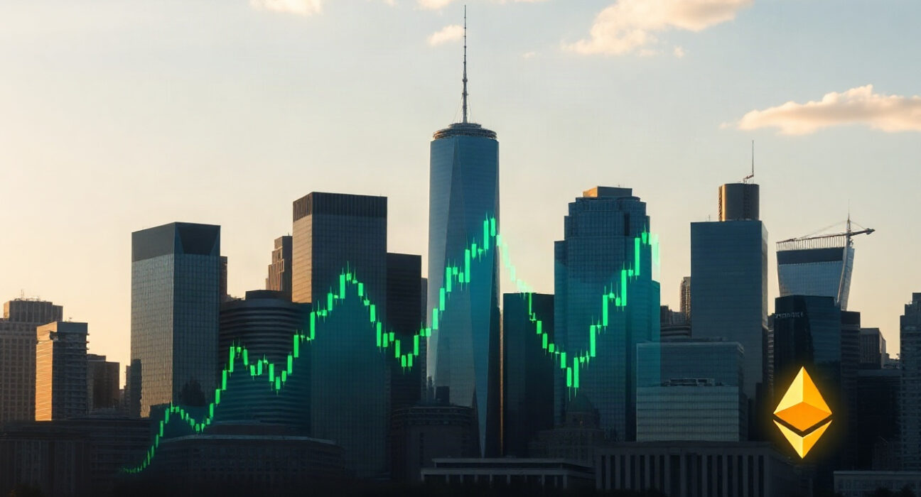 U.S. financial district skyline with subtle digital market chart overlay representing Ethereum ETF inflows