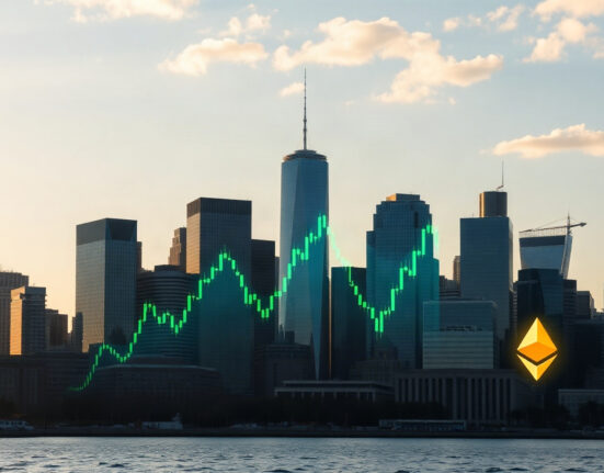 U.S. financial district skyline with subtle digital market chart overlay representing Ethereum ETF inflows