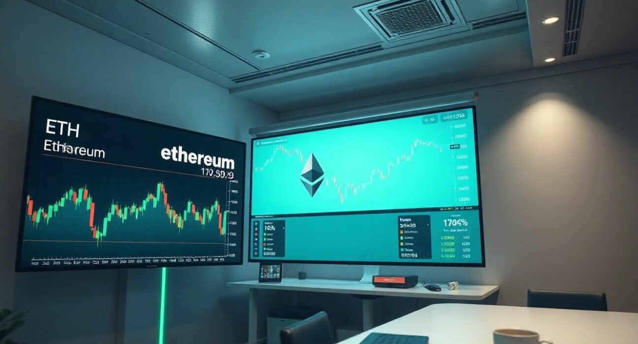 Trading screens displaying Ethereum price charts with green upward trends in a professional newsroom setting.