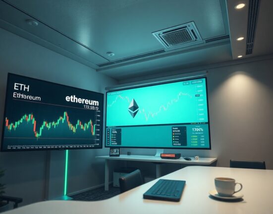 Trading screens displaying Ethereum price charts with green upward trends in a professional newsroom setting.