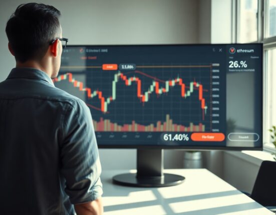 Financial analyst monitoring Ethereum ETF price charts on a screen showing outflows