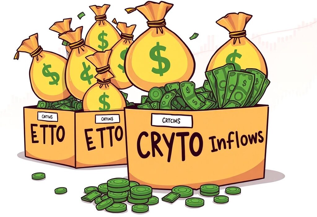 Cartoon showing money flowing out of various US spot Ethereum ETFs and into BlackRock's fund, illustrating market shifts.