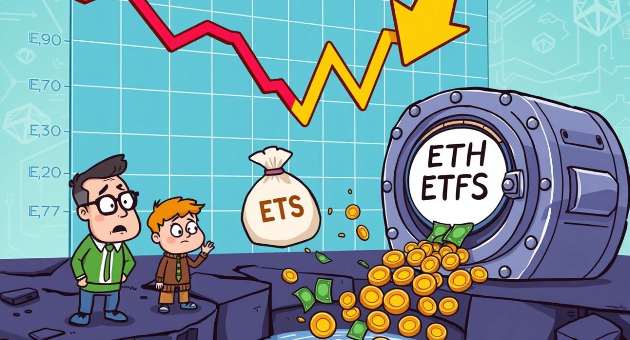 A cartoon illustration showing money flowing out of US spot Ethereum ETFs, symbolizing recent significant outflows and market shifts.