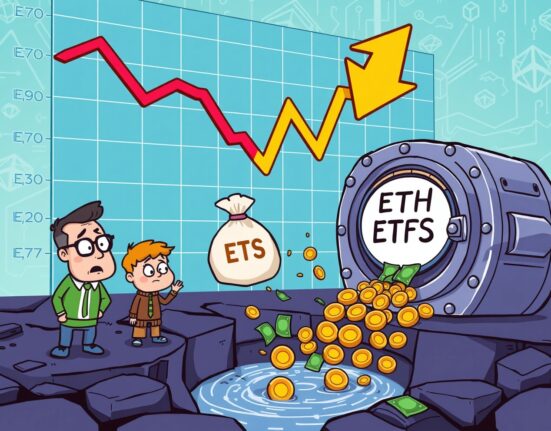 A cartoon illustration showing money flowing out of US spot Ethereum ETFs, symbolizing recent significant outflows and market shifts.