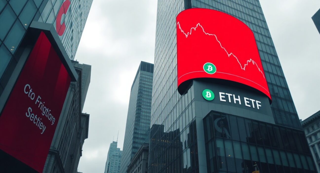 Financial district building with a digital screen showing a declining Ethereum ETF chart