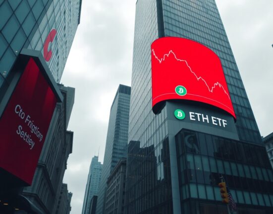 Financial district building with a digital screen showing a declining Ethereum ETF chart