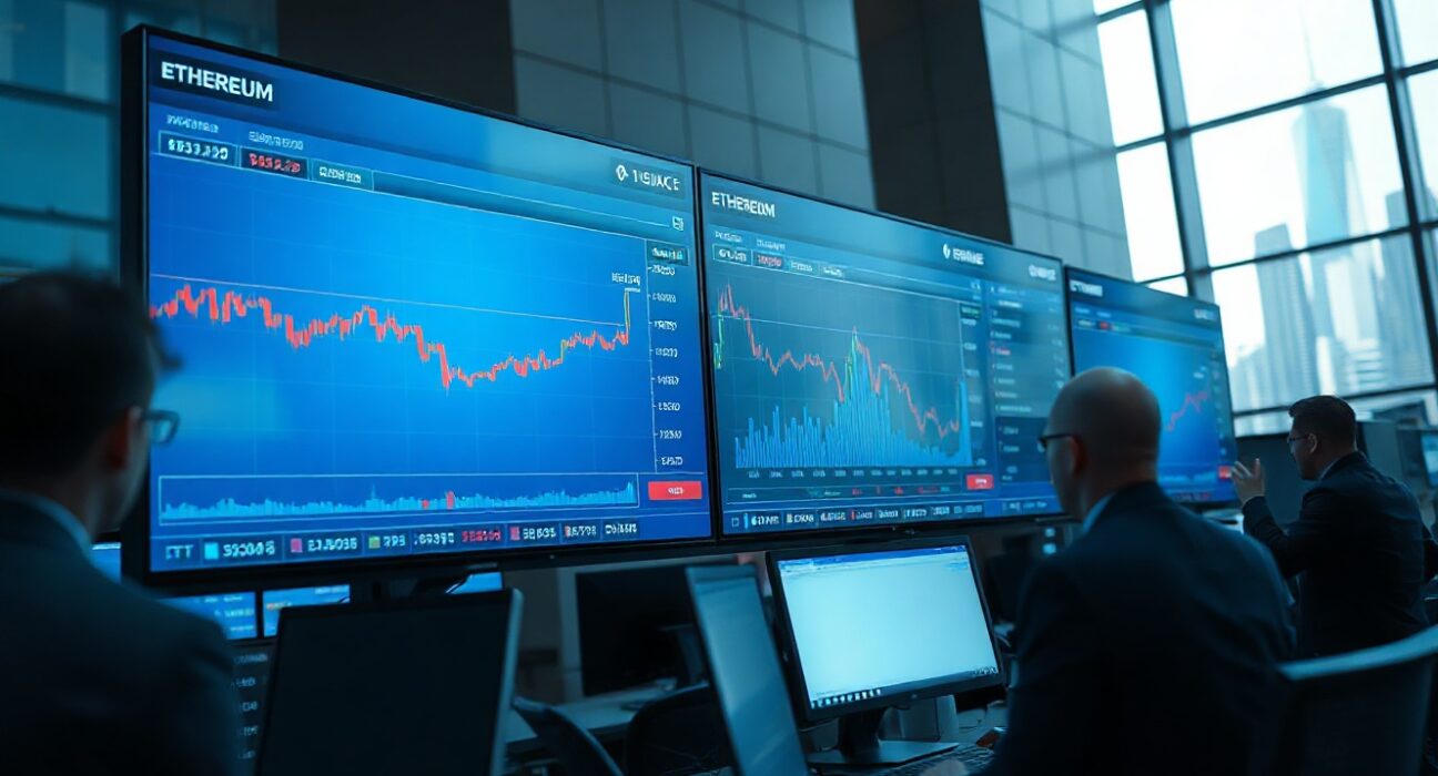 Financial trading floor with monitors showing Ethereum price and ETF fund flow data