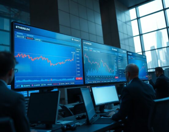 Financial trading floor with monitors showing Ethereum price and ETF fund flow data