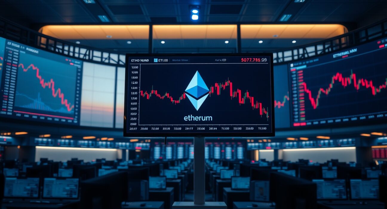 Trading floor monitors showing declining Ethereum price charts and red candlesticks