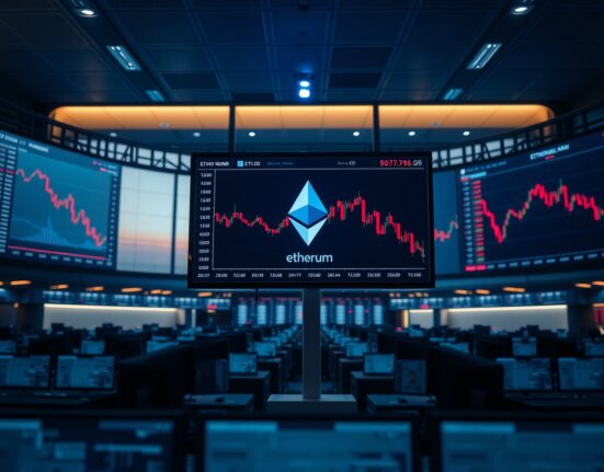 Trading floor monitors showing declining Ethereum price charts and red candlesticks