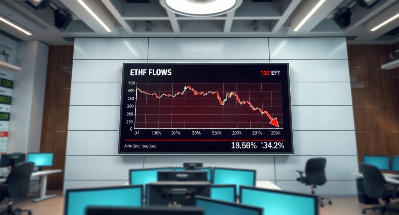 Digital display showing downward trending Ethereum ETF flow chart in a modern news studio
