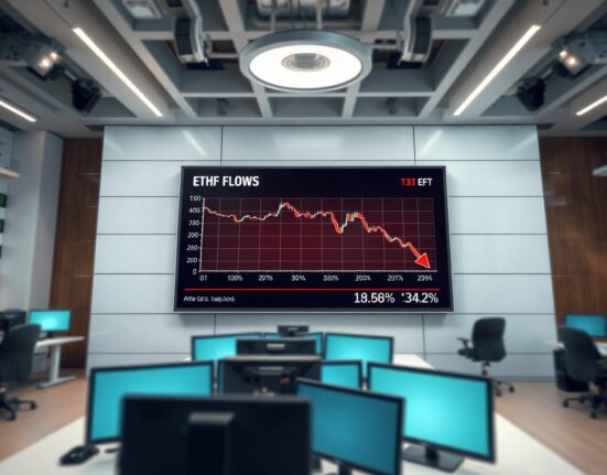 Digital display showing downward trending Ethereum ETF flow chart in a modern news studio